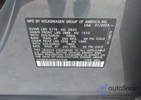 2024 Volkswagen Atlas Cross Sport 2.0T Sel R-Line из США, поврежденный, VIN 1V2AE2CA4RC227238